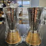 Hammered silver candle sticks with gold kotel design